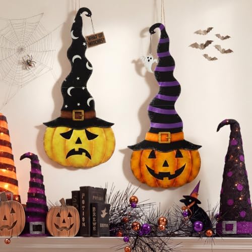 RattanView 2 Pack Halloween Pumpkin Door Hanger Front Door Sign Decor