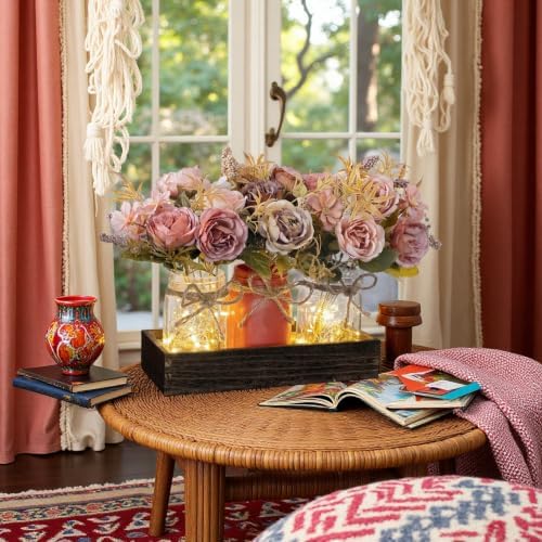 LUEUR Mason Jar Centerpiece with Artificial Fall Rose Flowers