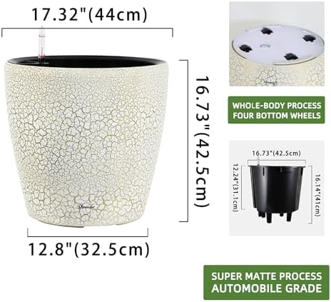 Dexceder 18x17 Self Watering Planter with Wheels (White Gold Crackle)