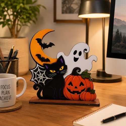 Halloween Wooden Tabletop Decoration, Cute Ghost Pumpkin Black Cat Decor, Spooky Fall Shelf Sign for Home Mantel Desk Office and Halloween Party