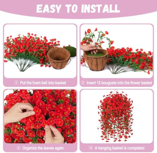 Artificial Flowers with Hanging Basket, Outdoor Faux Plants UV Resistant