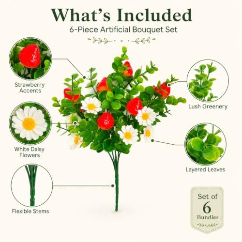 6 Pcs Artificial Strawberry Branches, Artificial Eucalyptus Flower Stems with Berries, Faux Greenery Daisy Picks for Vase Wreath Wedding Home Decor