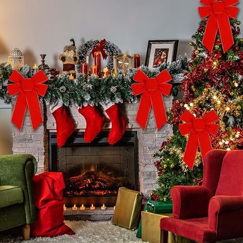 Yuubin 10 Pcs Red Bows Christmas Tree Decorations,9”x13” Large Velvet Wreath Bow with Glitter Gold Edge for Xmas Home Fence Stairs Railing Fireplace Indoor Outdoor Front Door Decor