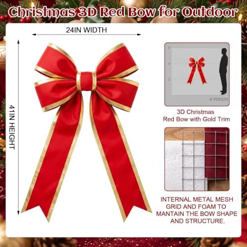 Yinder Giant Christmas Bow Outdoor 3D Nylon Red Bow Decor, 24" X 41"