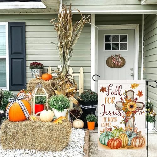 LosFong Christian Fall Garden Flag 12x18 Inch Double Sided Burlap Fall for Jesus He Never Leaves Maples Cross Pumpkin Thanksgiving Small Yard Flag for Outside Decoration (Fall)