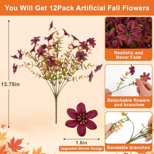 12 Pcs Artificial Fall Flowers for Outdoors, UV Resistant Fake Mums Porch