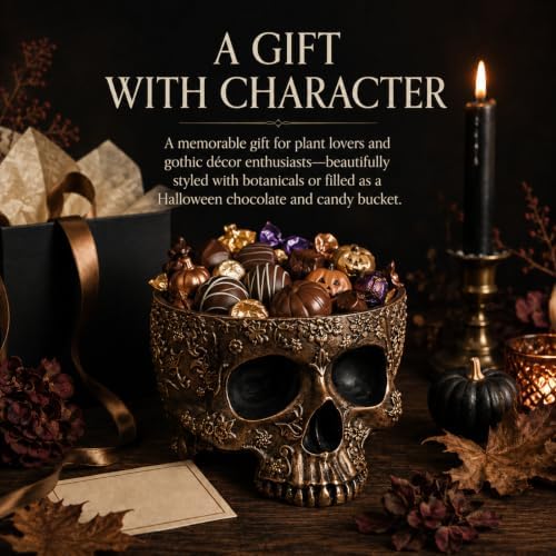 Halloween Skull Trick Or Treat Bowl Black Skeleton Planter Gothic Candy Pot