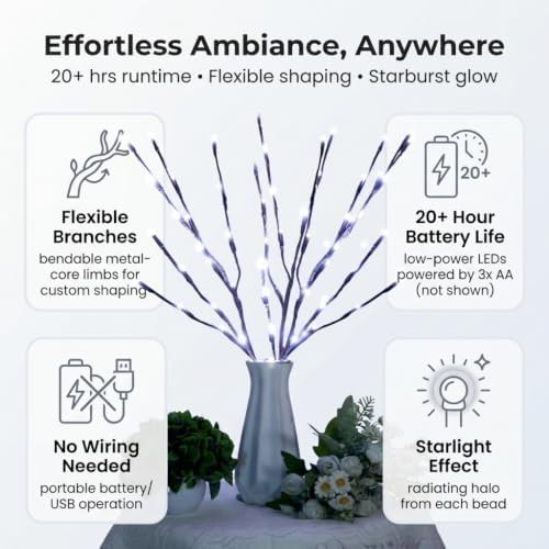 DK177 10Pack Led Branch Light Battery Operated Lighted Branch Vase Filler Willow Tree Artificial Little Twig Power Brown 30 Inch 20 LED for Home Romantic Decoration, 10Pack White