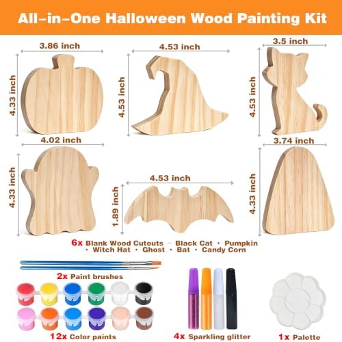 Halloween Wood Craft Kit, 6 DIY Paintable Wooden Ornaments for Tabletop