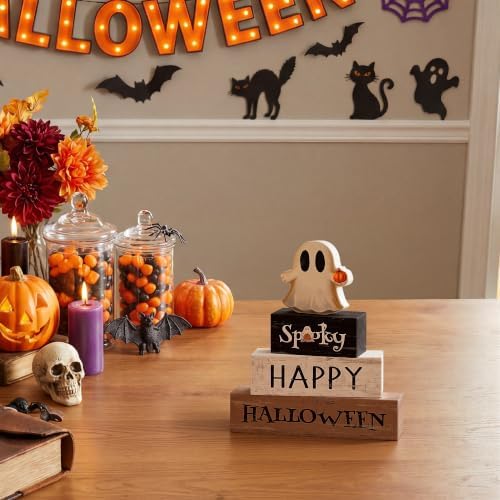 Smile Halloween Wooden Block Decor Set Ghost Pumpkin Spooky Tabletop Signs