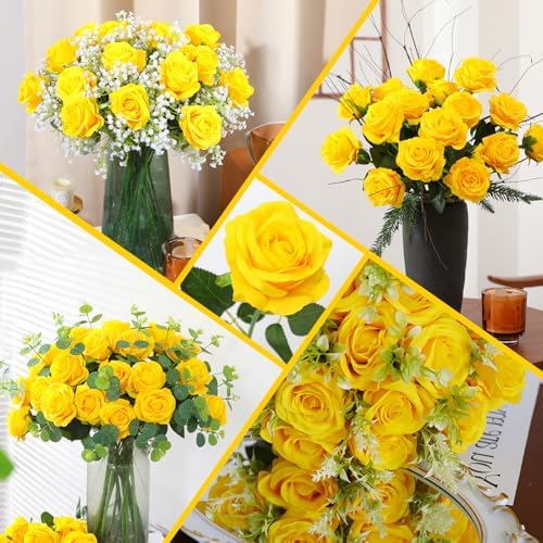 50PCS Artificial Silk Roses in Bulk & Bouquet Long Stem – Realistic Fake Roses for Wedding Centerpieces, Home Decor, Floral Arrangements, Party Decoration (Yellow)