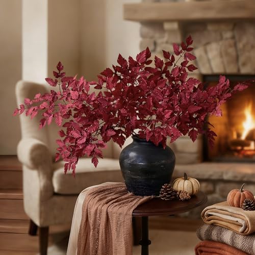 Waipfaru 36" Fall Stems for Vases, Burgundy Fall Floral Stems (6pcs)