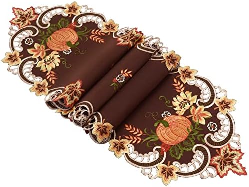 Simhomsen Brown Embroidered Thanksgiving Harvest Pumpkins Table Runners for Autumn Or Fall Decorations (14 × 54 Inches)