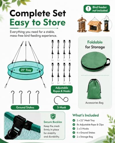 Bird Seed Catcher Tray for Outdoor Hanging Feeders, 21" Upgraded Anti-Flip Feeder Tray with 4" Deep Windproof Platform, Stable Design to Catch Dropped Seeds, Fits Most Bird Feeders(Green)