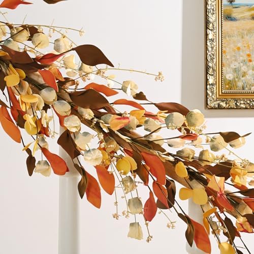 Waipfaru Fall Decor, 6FT Fall Garland with Lights Autumn Eucalyptus Leaves Lighted Garland Thanksgiving Harvest Festival Decoration for Home Mantle Porch Outdoor Indoor Wedding Window Wall Arch(2 PCS)
