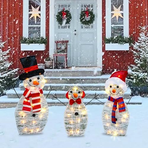TW SHINE Lighted Christmas Snowman Outdoor Decoration, 3-Piece Pre-Lit 2D Snowman Family Set with 55 Warm White Lights, Christmas Yard Decorations for Patio Lawn Garden Decor, 29.9X12.2Inch-Large