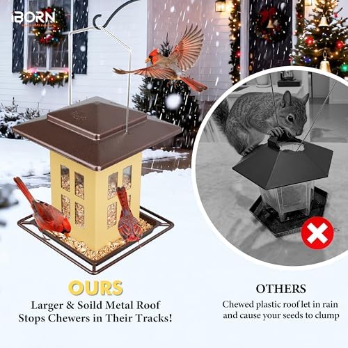 iBorn Bird Feeders for Outdoors, Metal Bird Feeder, Wild Bird Feeders for Cardinal, 2.3LBS Capacity,18cm Large Roof, Lantern Style, Black (Muted Yellow)