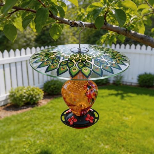 13" Large Glass Rain Cover for Bird Feeder, Peacock Weather Guard Dome
