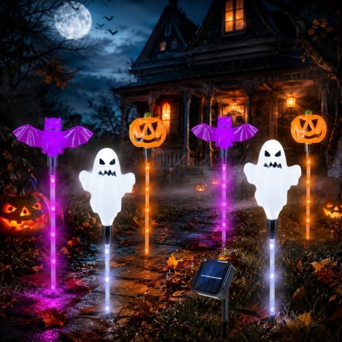 6 Pack Halloween Solar Yard Lights, Pumpkin Ghost Bat Outdoor Stakes