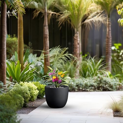 Kante Accent Round Bowl Black Concrete Planter 14" Dia, Outdoor
