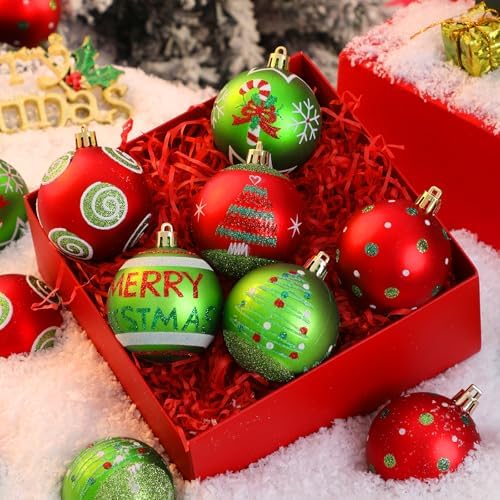 Lanpn 30 Pcs Outdoor Christmas Ornaments, 2.4" Mini Xmas Tree Elf Swirl Ball Decoration, Red Green Christmas Ornament Set, Glittering String Ball Plastic Hanging Decor for Lawn Yard Holiday Party