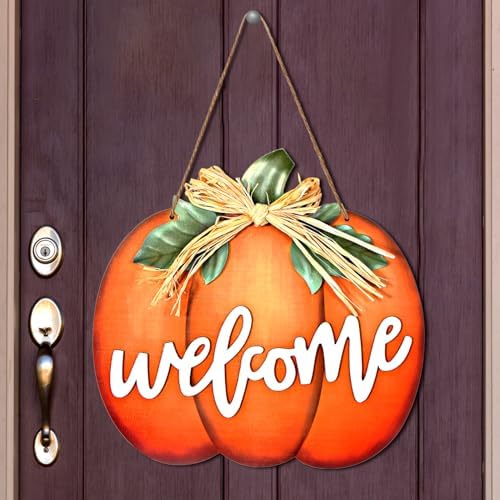 Jetec Fall Door Decor, Wooden Fall Pumpkin Welcome Sign Hanger, Orange