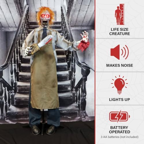 Haunted Hill Farm Zombie Carver Halloween Animatronic with Movement, Sound, and Light-Up Eyes for Scary Indoor or Covered Outdoor Halloween Decorations, Battery Operated Halloween Props for Home