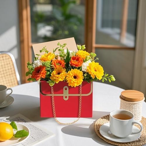 baotongle 6pcs Flower Paper Gift Box Bouquet Storage Bucket Handbag with Metal Chain Flower Boxes for Arrangements Wedding Mother's Day Birthday Bridal Shower (Red)