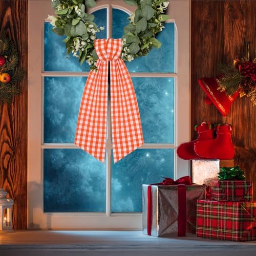 2 Pack Wreath Sash for Front Door Boxwood Wreath Sash Garland Front Door Porch Decor(White and Orange Plaid)