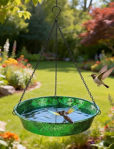 Hanging Bird Bath & Feeder, 11.5" Metallic Green/Blue Metal Birdbath Bowl