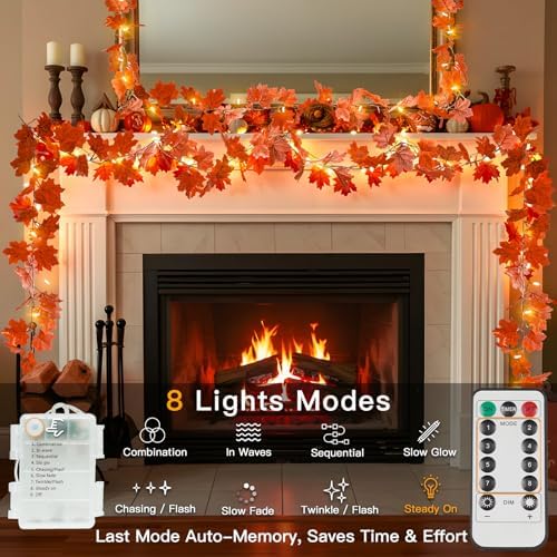 suddus 20 LED Fall Leaves Garland with Lights Battery Operated Timer Orange