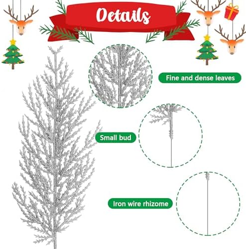Alpurple 25 Pcs Christmas Silver Artificial Pine Branches- 13.5" Glitter Fake Foliage Pine Stems Picks- Silver Leaves Artificial Pine Needles for DIY Christmas Wreath Home Decoration