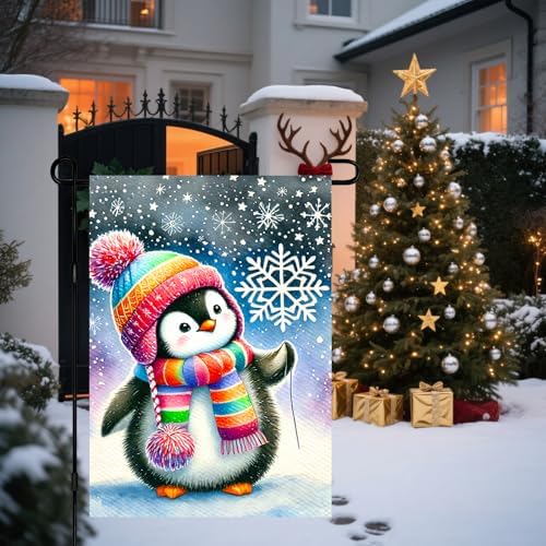 BlissYard Garden Flag Penguin Snowflake Winter 12x18 Inch Polyester