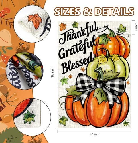 Thanksgiving Garden Flag 12x18 In, Pumpkin with"Thankful Grateful Blessed"