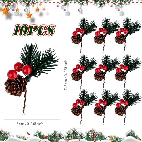 10 PCS Christmas Snow Covered Pine Needles Branches with Red Berries, Christmas Floral Pick Mini Pinecone Picks for Holiday Wreath,Tree Ornaments