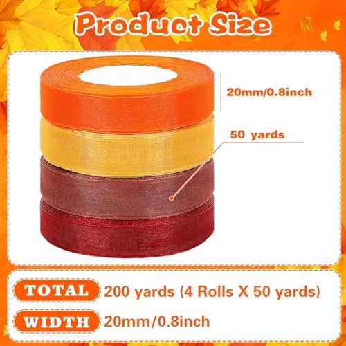 DECYOOL 4 Rolls 200 Yards Fall Organza Ribbons for Gift Wrapping Orange