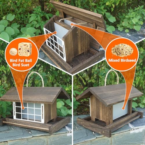 Hanging Wooden Bird Feeder with Suet Cage Fat Ball Holder for Wild Bird