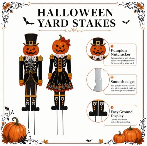 Geelin 2 Pack Halloween Metal Garden Stakes, Pumpkin Nutcracker Couple