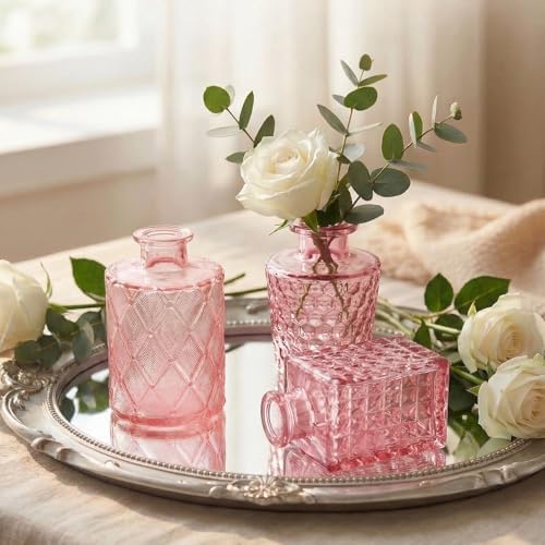 Set of 15 Pink Glass Bud Vases Small Textured Flower Vases