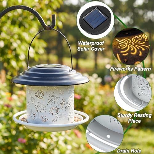 Black White Solar Bird Feeders for Outdoors, Weatherproof Metal Bird Feeder