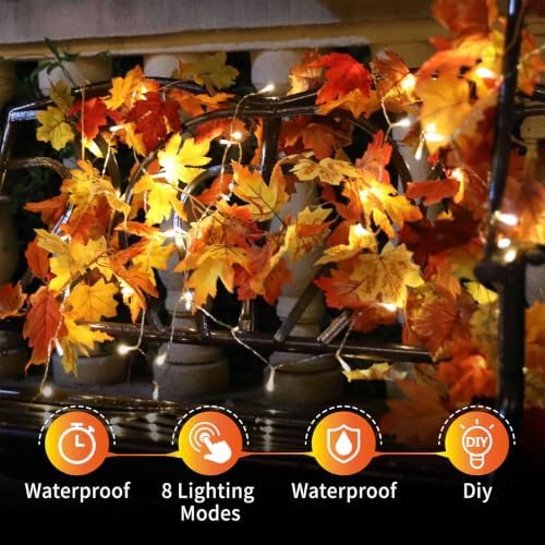 KASZOO 4 Pack Fall Maple Garland with 80 LED String Light- 5.8ft/Piece Artificial Fall Foliage Garland Autumn Decor for Home Wedding Party
