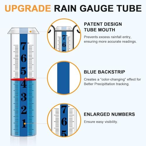 JMBay Rain Gauge Outdoor with Thermometer, Rain Gauges Outdoors Best Rated, Large Font Rain Measure Gauge for Yard, Rain Water Meter with Thickened Plastic Tube and Duralbe Metal Stake for Patio,Lawn