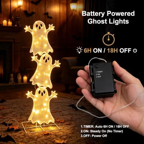 Halloween Decorations Lighted 3 Stacked Ghosts, Freestanding LED Ghost Yard Sign with Timer Battery Operated, Warm White Light Up Ghost Decor for Porch Lawn Garden Indoor Outdoor Holiday Display
