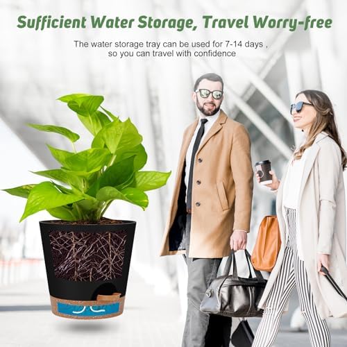 YNNICO Indoor Self Watering Planters with Drainage Holes and Saucers, 8, 7, 6.5, 6, 5.5, 5 Inches, Black, 6 Pots (Pack of 2)