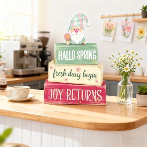 Spring Decoration Wooden Tiered Tray Decor – Rustic Hallo Spring Stacked Block Sign with Spring Gnome Topper – Farmhouse Tabletop Spring Decor for Living Room Shelf Kitchen Seasonal Home Display
