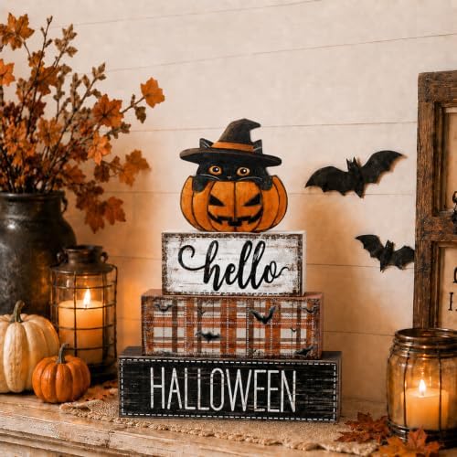 4Pcs Halloween Tabletop Decorations Wooden Cat Pumpkin Signs Gift
