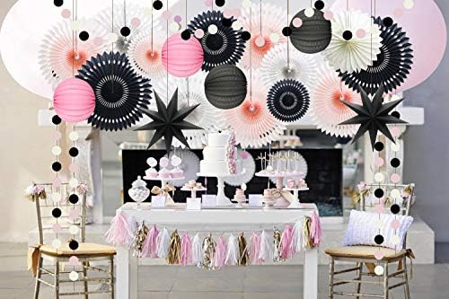 10-Piece Pink and Black Party Decorations, White Paper Fans