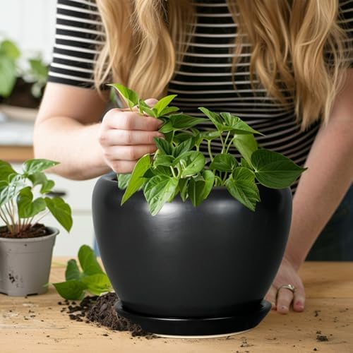 Ceramicfor Ceramic Planter Pot - 8 Inch Plant Pot with Drainage Hole and Saucer Round Planter for Indoor Plants Modern Outdoor Flower Pot for House Balcony Black