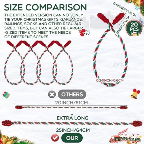 Zhengmy 20 Pcs 25 Inch Extra Long Christmas Garland Ties Christmas Decorative Twist Ties for Banister Reusable Flexible Twist for Holiday Xmas Home Decorations Craft Wrapping (Red Green White)
