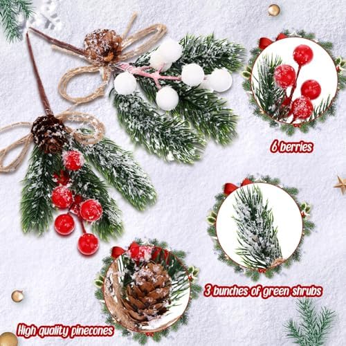 Sanwuta 20 Pcs Christmas Berry Pick with Pinecone, Frosted Red, White